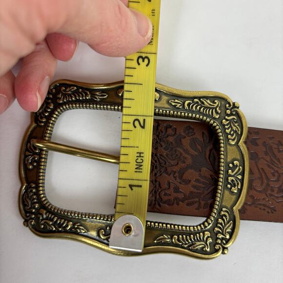 Hand Tooled Brown Leather Belt Brass Buckle Boho Western Country 30.25\